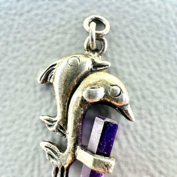 Sterling Silver Dolphin Charm Pendant w Purple Amethyst Glass Crystal Point 925 - Picture 3 of 5